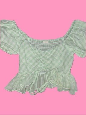 Aeropostale Light Green Gingham Puff Sleeve Crop Top
